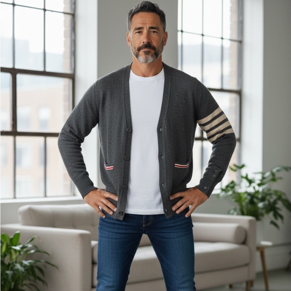 Thom Browne Men’s 100% cashmere Charcoal Cardigan with Signature Stripe
